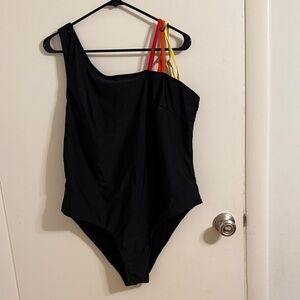 SHEIN Black One-Shoulder Swim One Piece with Red Orange and Yellow Straps